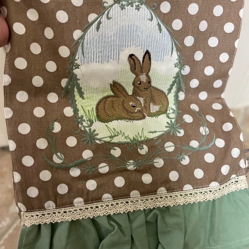 Vintage Easter Table Runner Embroidered Bunnies Polk a Dot & Sage Green Ruffle